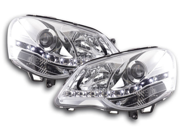 Headlight set Daylight LED TFL look VW Polo Type 9N3 05-09 chrome for right-hand drive vehicles