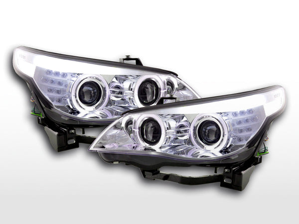 Headlight set xenon angel eyes LED BMW 5 series E60/E61 03-04 chrome for right-hand drive